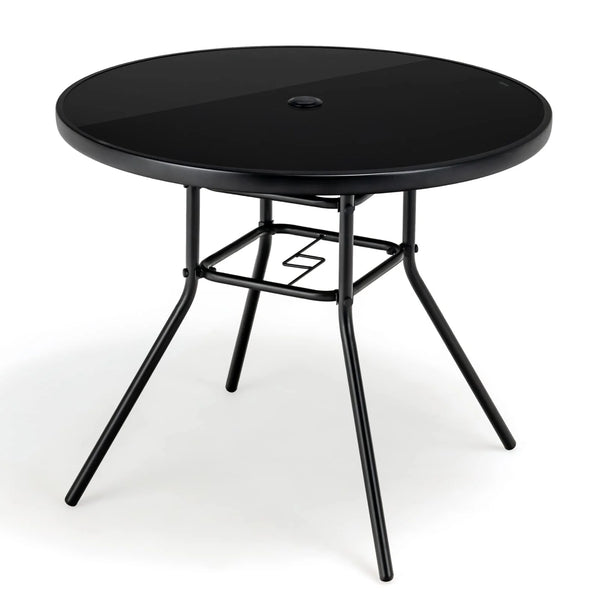 Tangkula 34 Inch Patio Dining Table, Round Tempered Glass Table with 1.5" Umbrella Hole