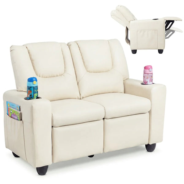 2-Seater Kids Recliner, PU Leather Reclining Loveseat with Cup Holders & 2 Side Storage Pockets, Adjustable Double Toddler Sofa for Boys Girls