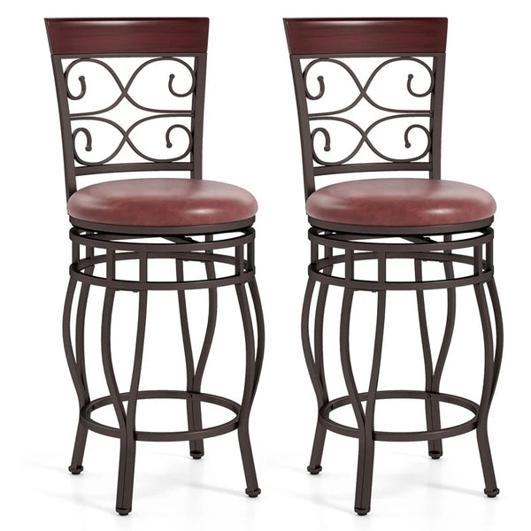 26" Vintage Swivel Bar Stools Set of 2, Counter Height Metal Barstools with Back & Upholstered PU Leather Padded Seat for Pub, Kitchen Island