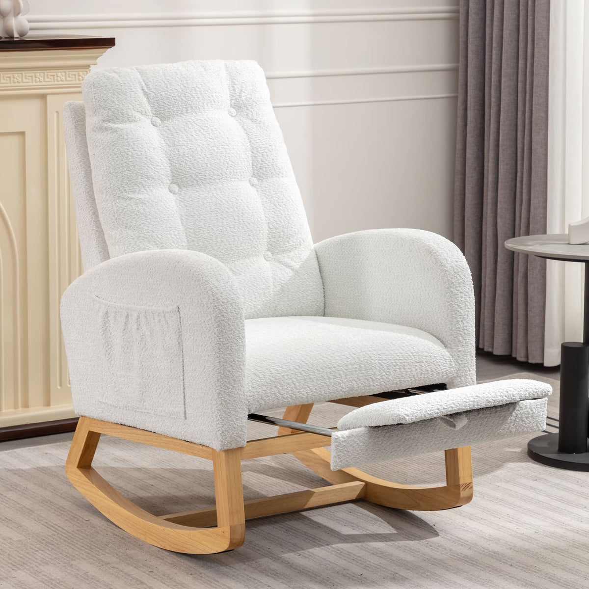 Modern Accent Rocking Chair with Pull - Out Footrest, Nursery Glider Chair with Solid Wood Legs & Side Pocket, Upholstered Lounge Chair with High